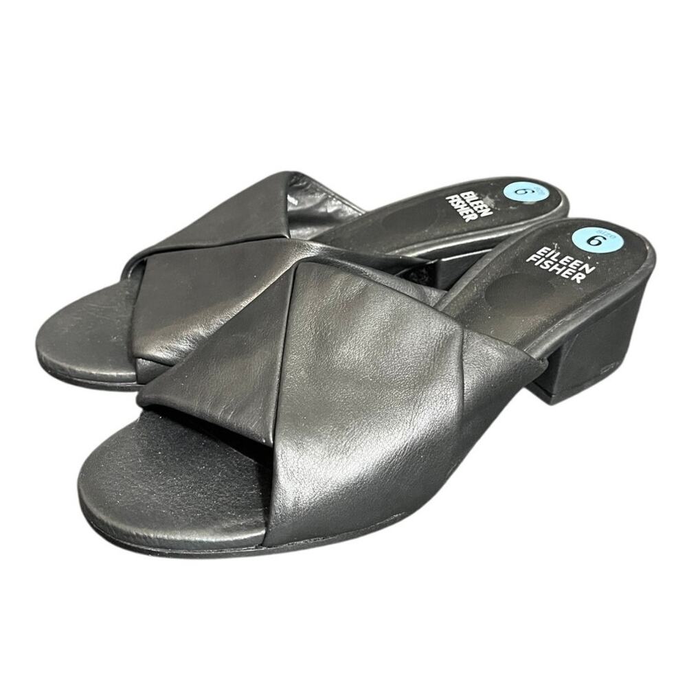 Eileen Fisher Ruche Black Leather Slide Sandals Mules‎ Size 6 Open Toe Low Heel